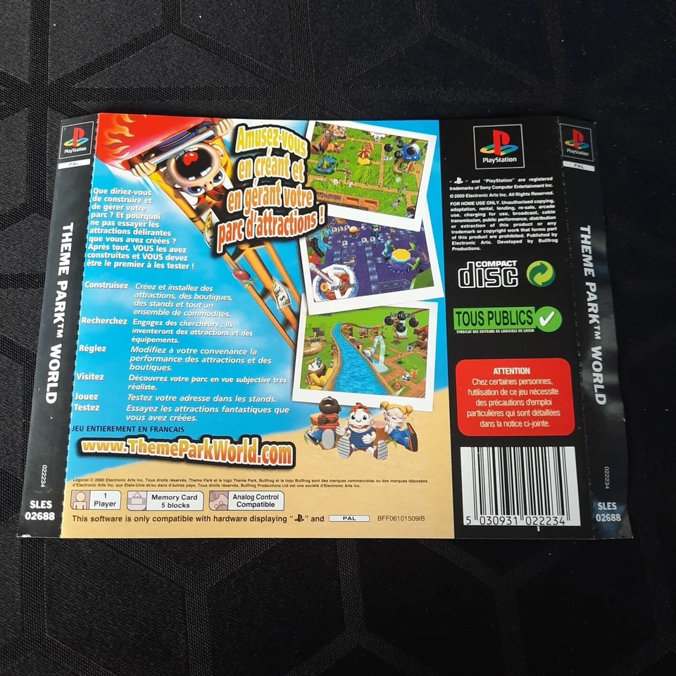 Jaquette De Jeu Theme Park World Ps1 Sony PlayStation 1 - Photo 1/1