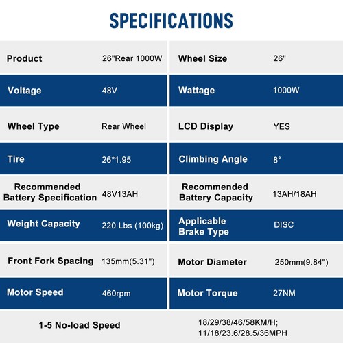 26in Electric Bicycle Conversion Kit Rear Wheel E-Bike Hub Motor 48V 1000W - Picture 3 of 10