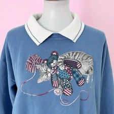 Vtg Morning Sun Sweatshirt Collared Grandma Retro Cat Bear Pullover 2X USA