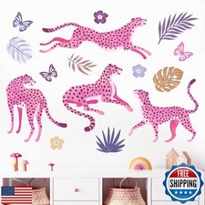Mfault Pink Cheetah Leopard Wall Decals Stickers, Jungle Animals Palm Leaves 