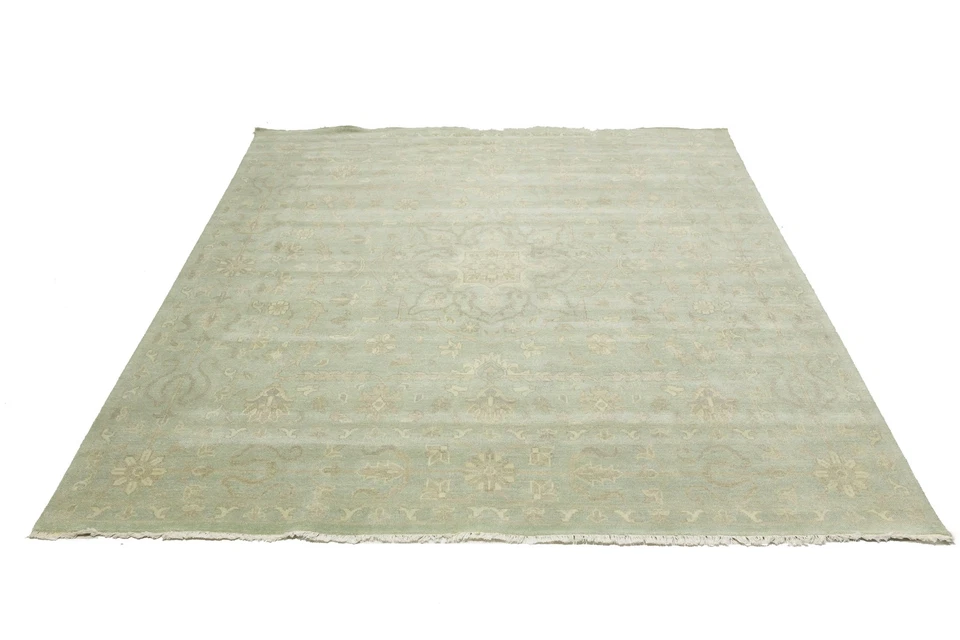 Handmade Floral Transitional Round Oriental Rug Muted Aqua Green Carpet 10X10 ft - Image 4 of 4