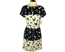 NEW AMERICAN LIVING Size 16 A-Line Dress Navy Blue White Floral Short Sleeve