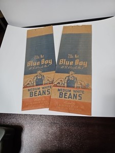 Lot of 2 1940s Blue Boy Medium White Bean Bags. Oakfield, NY Advertising