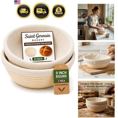 Round Bread Banneton Basket with Liner Set of 2 9'' Round Baskets