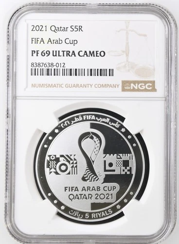 Qatar Qakar 2021 FIFA Arab Cup NGC PF 69 ULTRA CAMEO Silver 1 oz Coin 5 Riyal