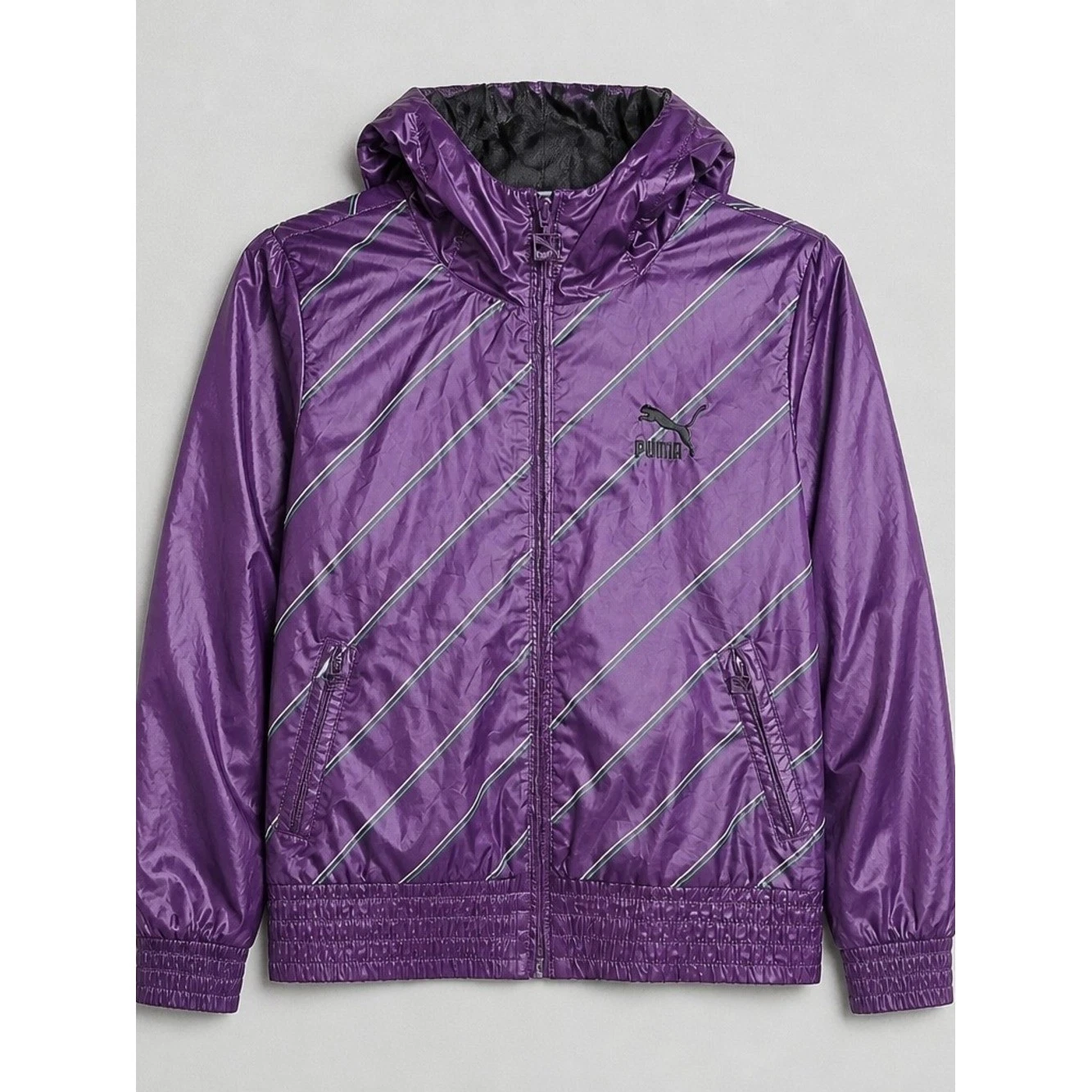 Puma Lifestyle Purple Hooded Windbreaker Jacket Striped Fits S>M Vintage Style