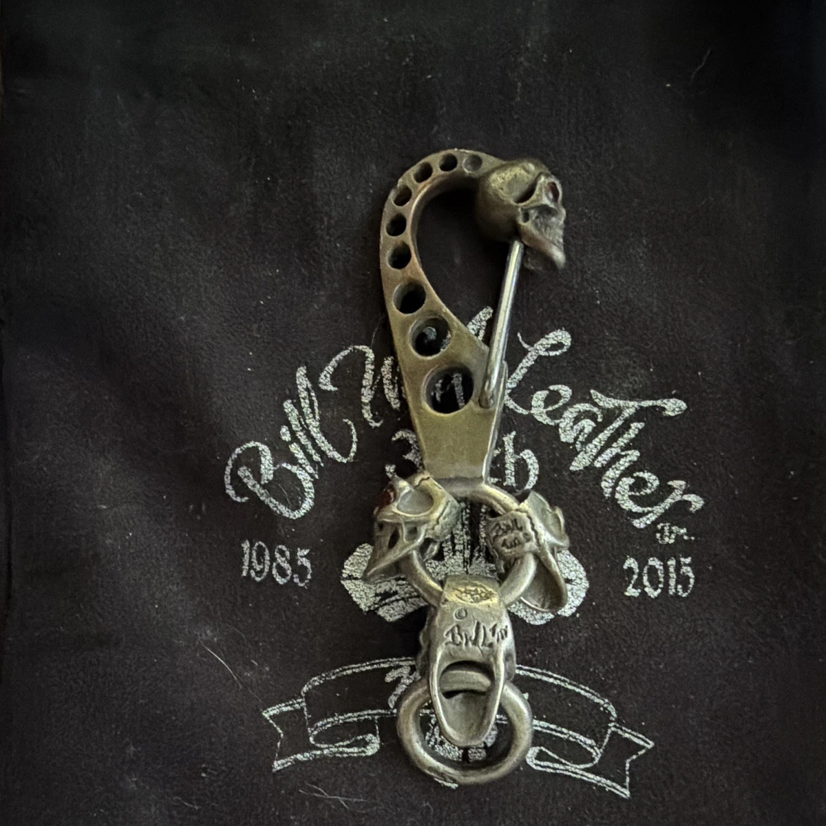 Bill Wall Leather Skull Carabiner Keychain Silver Metal Red Eye Stone in skulls