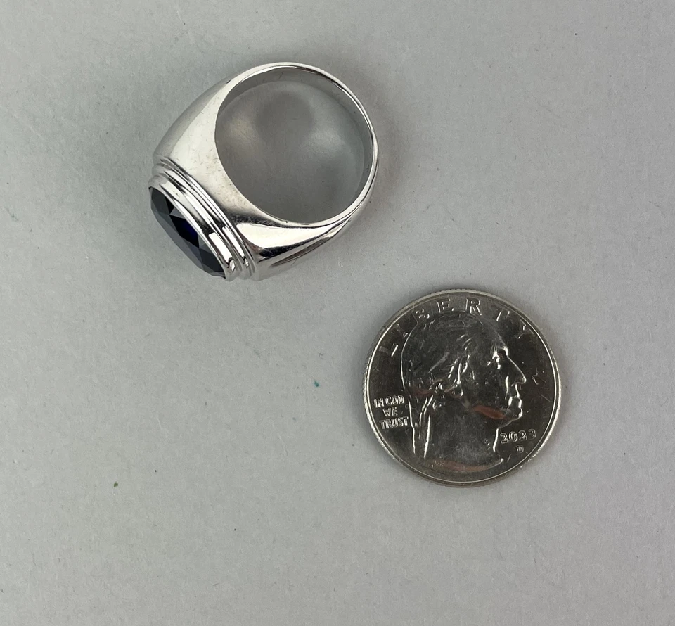 UNISEX Faceted blue sapphire simulated stainless steel silver Ring 9 - Image 4 of 4