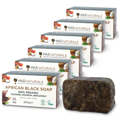 PraNaturals Pack of 6 Organic African Black Soap Face Body Anti-Ageing 200g Bar