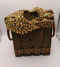 Vintage 60s 70s Wooden Floral Fabric Basket/Bucket Purse Plastic Handles