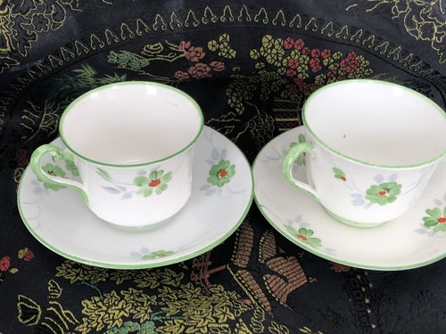2 Phoenix Bone China Teacup Saucer Hand Painted Green Flora England - Imagen 2 de 4