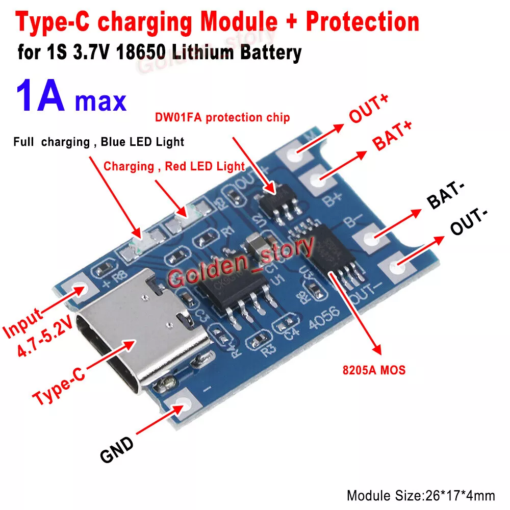 TP4056 5V 1A Type-C Lithium Li-ion 18650 Battery Charger Module