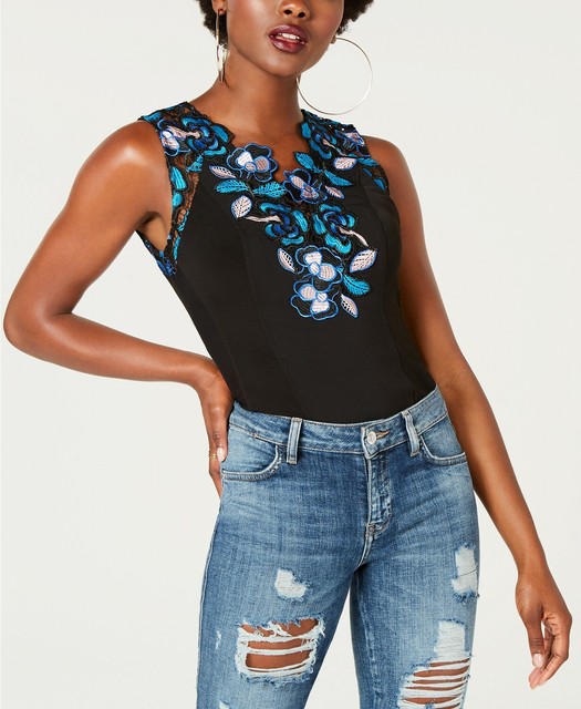 GUESS Women's FloralApplique LaceTrim Bodysuit Black Multicolor XS eBay