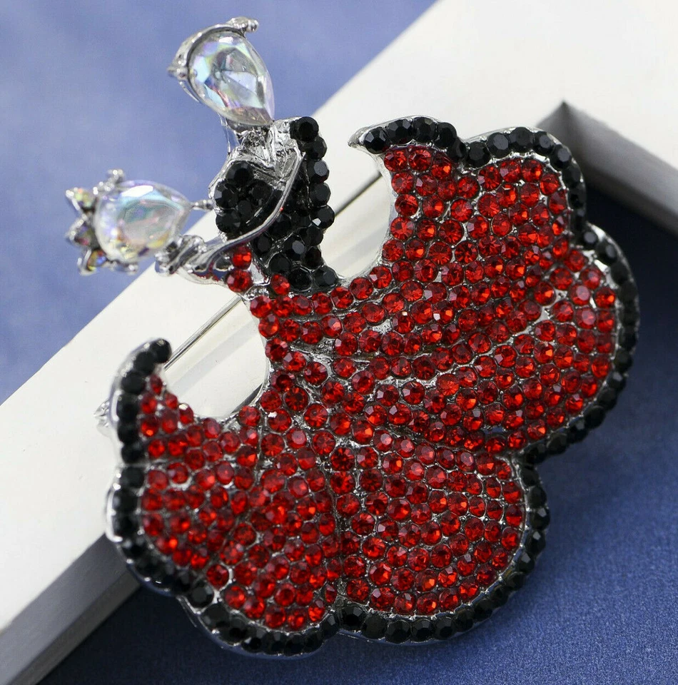 Broche de cristal strass austríaco salão de baile casal dança preto e vermelho P60B - Imagem 2 de 4