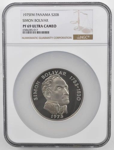 PF69 UCam 1975 FM Panama 20 Balboas Simon Bolivar Silver NGC Brown Lbl