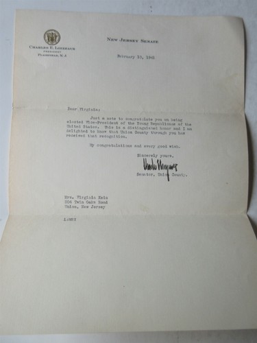 1941 Charles E. Loizeaux New Jersey Senator signed letter NJ Senate letterhead