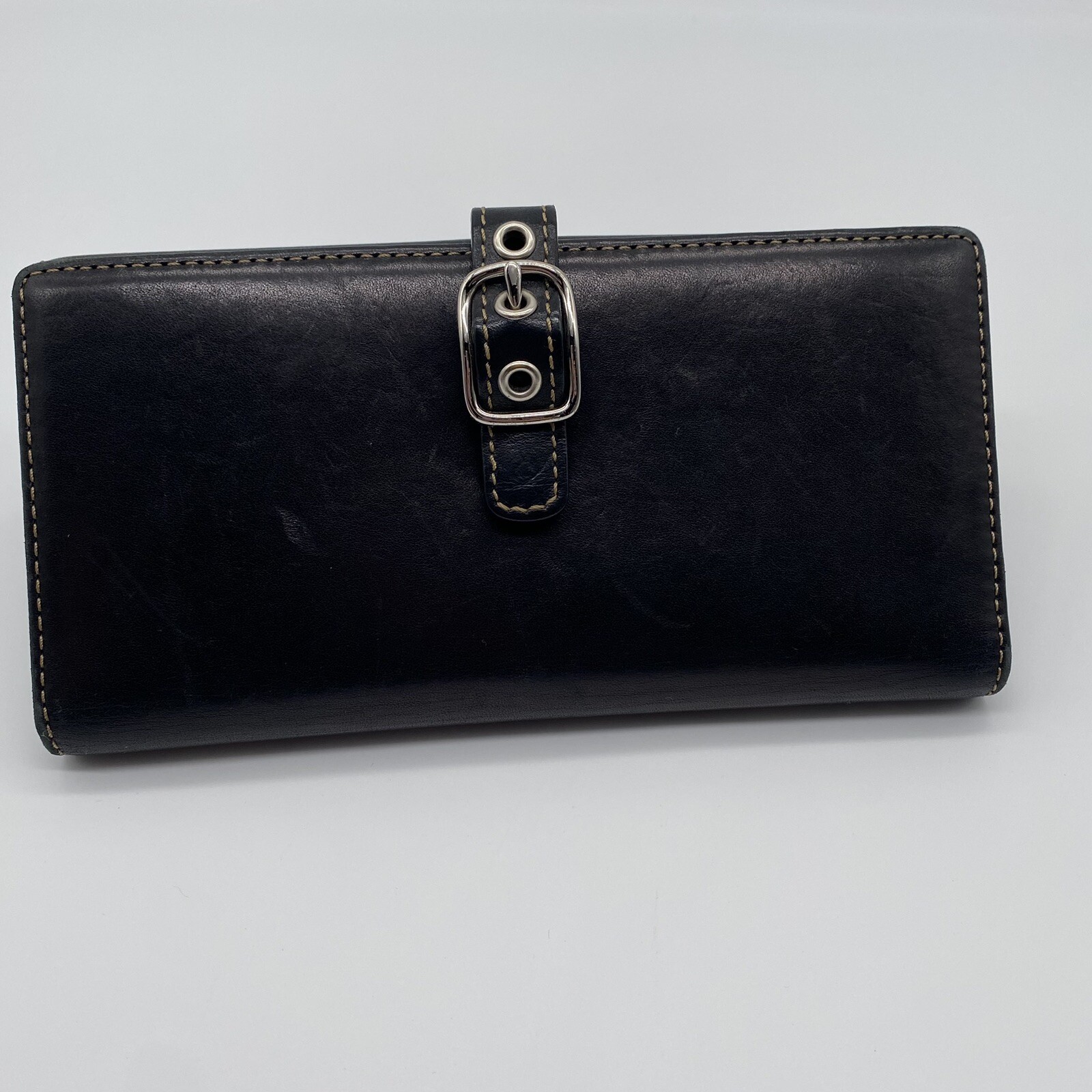 COACH Black Leather Bifold Envelope Wallet Clutch with Buckle 7x4 Inches  