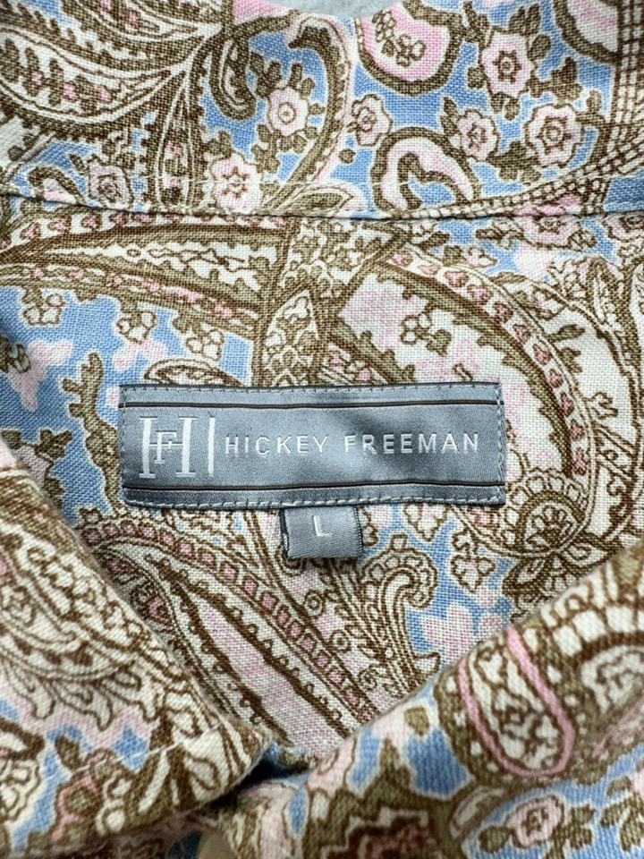 Hickey Freeman 纽扣衬衫男式 L 佩斯利印花 100% 亚麻蓝色棕色 — 第 3/4 张图片