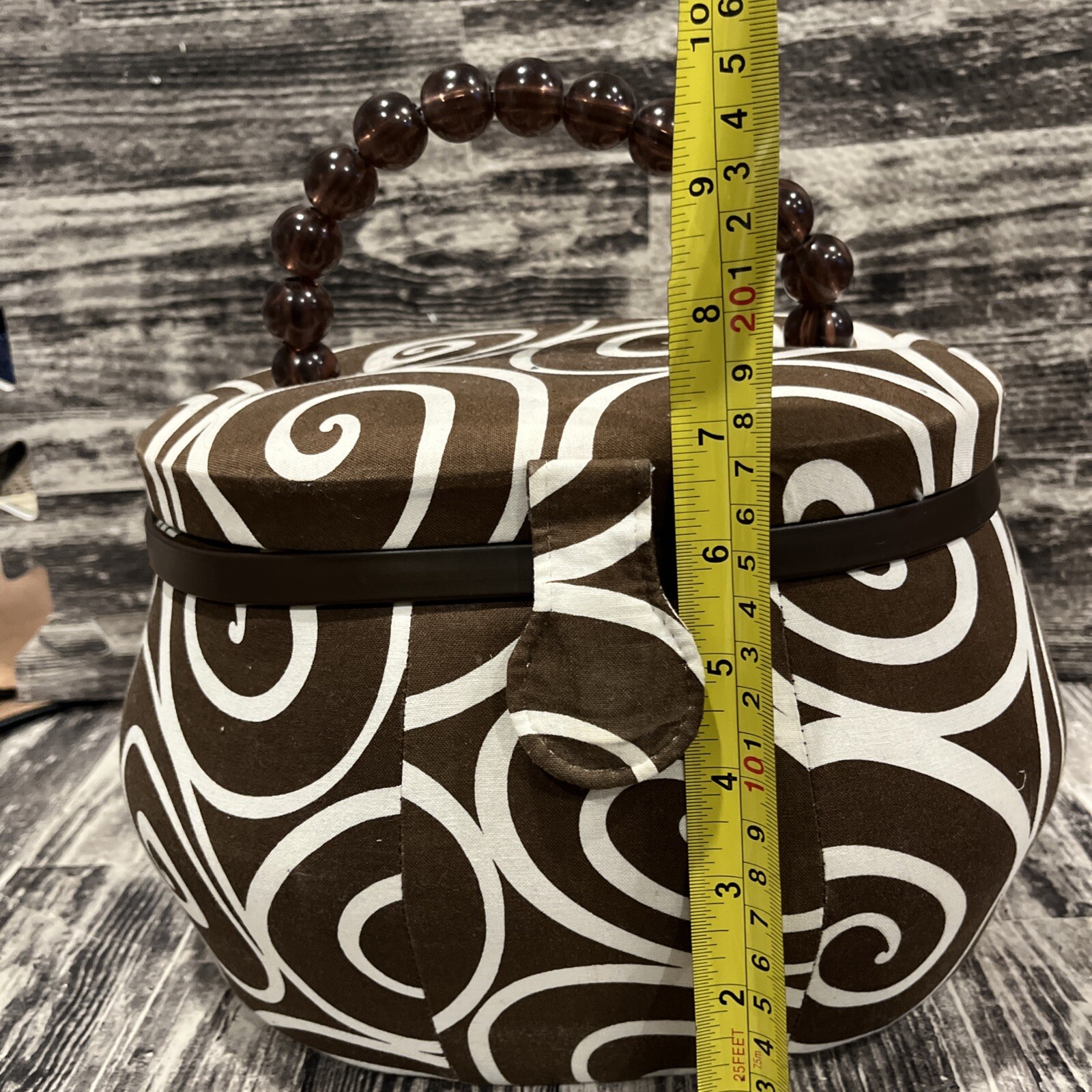 Padded Brown Modern Swirl Print Sewing Box with Fun Beaded Handle