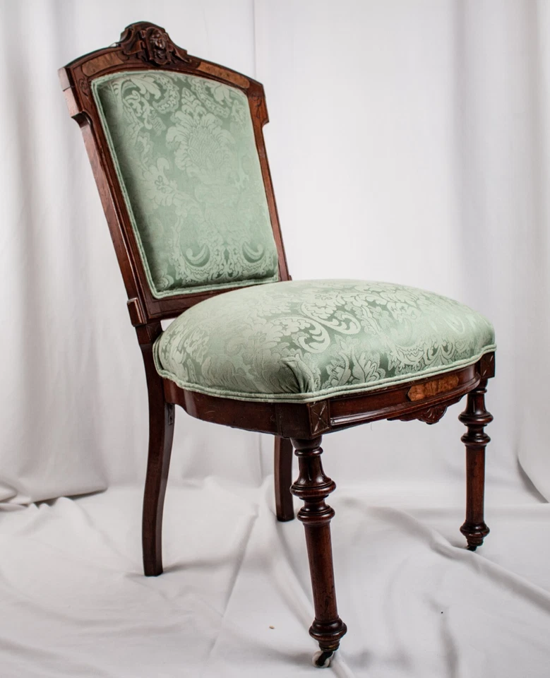 Дедушкин антикварный стул из красного дерева 1888-е красное дерево зеленый пейсли обивка ткань - Изображение 4 из 4