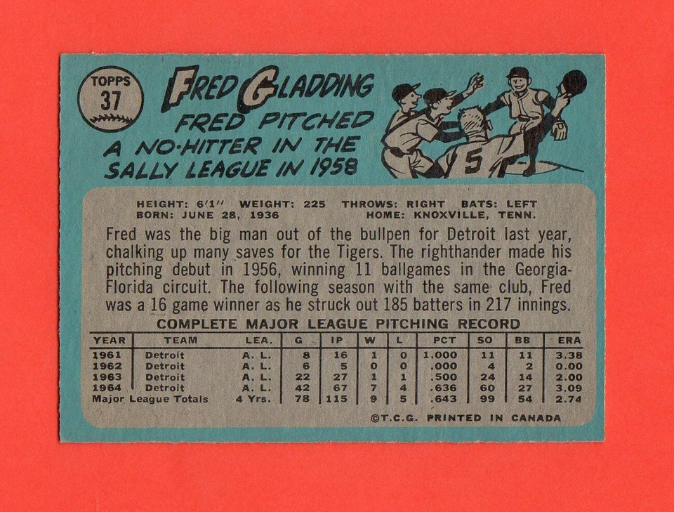 Fred Gladding 1965 OPC # 37 casi nuevo Foto 2 de 2