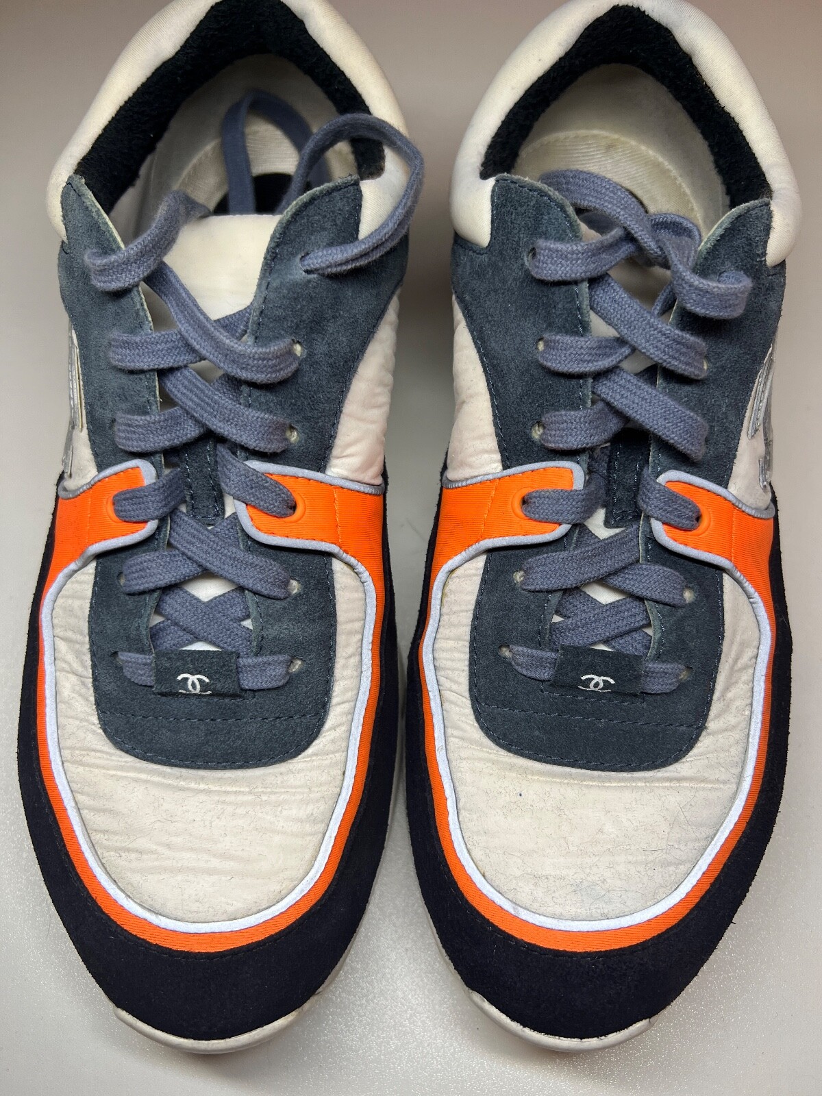 Authentic Chanel CC Logo Navy Blue And White Suede And Nylon Sneakers
