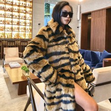 Women Winter Faux Fur Trench Coat Tiger Pattern Striped Loose Overcoat Parkas