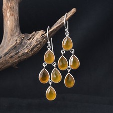 Natural Yellow Chalcedony 925 Sterling Silver Dangle Earrings Jewelry For Gift