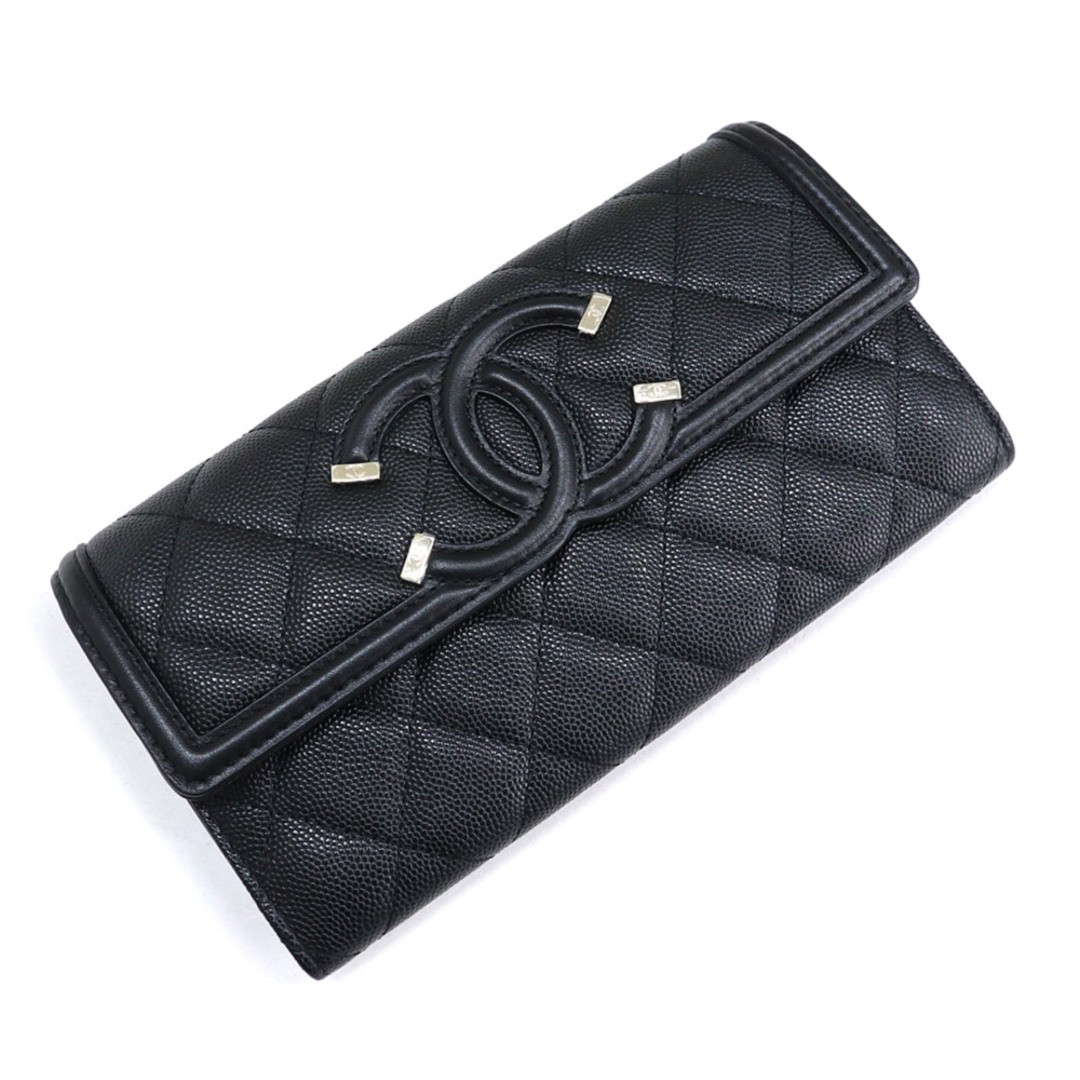 Chanel Caviar Leather CC Filigree Matelasse Bifold Long Wallet Black Gold