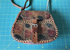Vintage Leather Hand Tooled Mexican Roses Colorful Crossbody Bag Purse