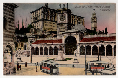 A6 POSTCARD UDINE PIAZZA VITTORIO EMANUELE COLOR TRAVELLED 1913 TRAM RARE