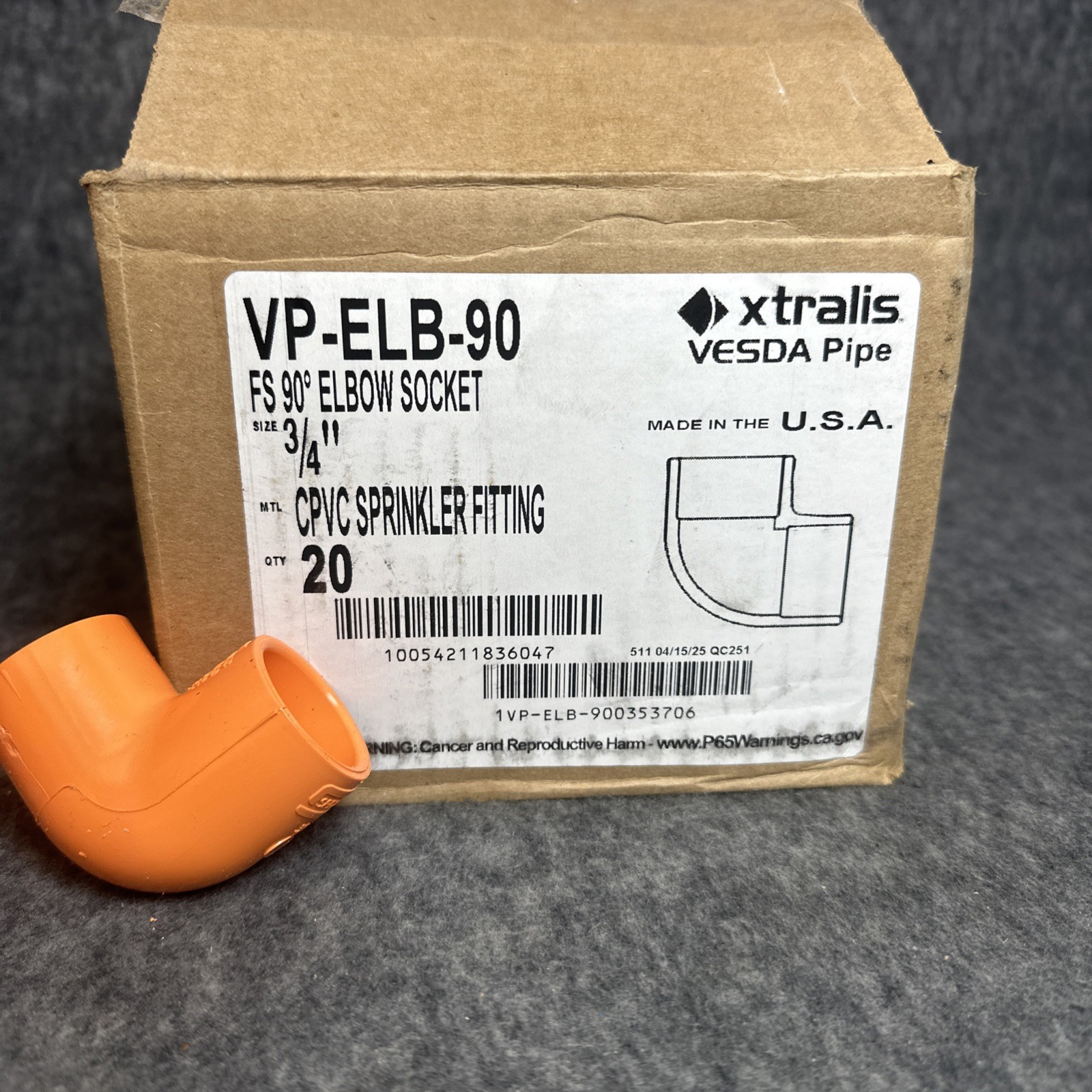 Box of 20 Xtralis VP-ELB-90 FS 90° Elbow Socket 3/4" CPVC Sprinkler Fitting