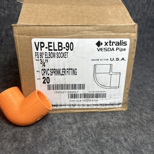 Box of 20 Xtralis VP-ELB-90 FS 90ยฐ Elbow Socket 3/4" CPVC Sprinkler Fitting