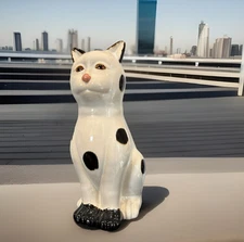 Nantucket Home 12" Tall Sitting White Ceramic Cat w/ Black Spots Figurine Kitty