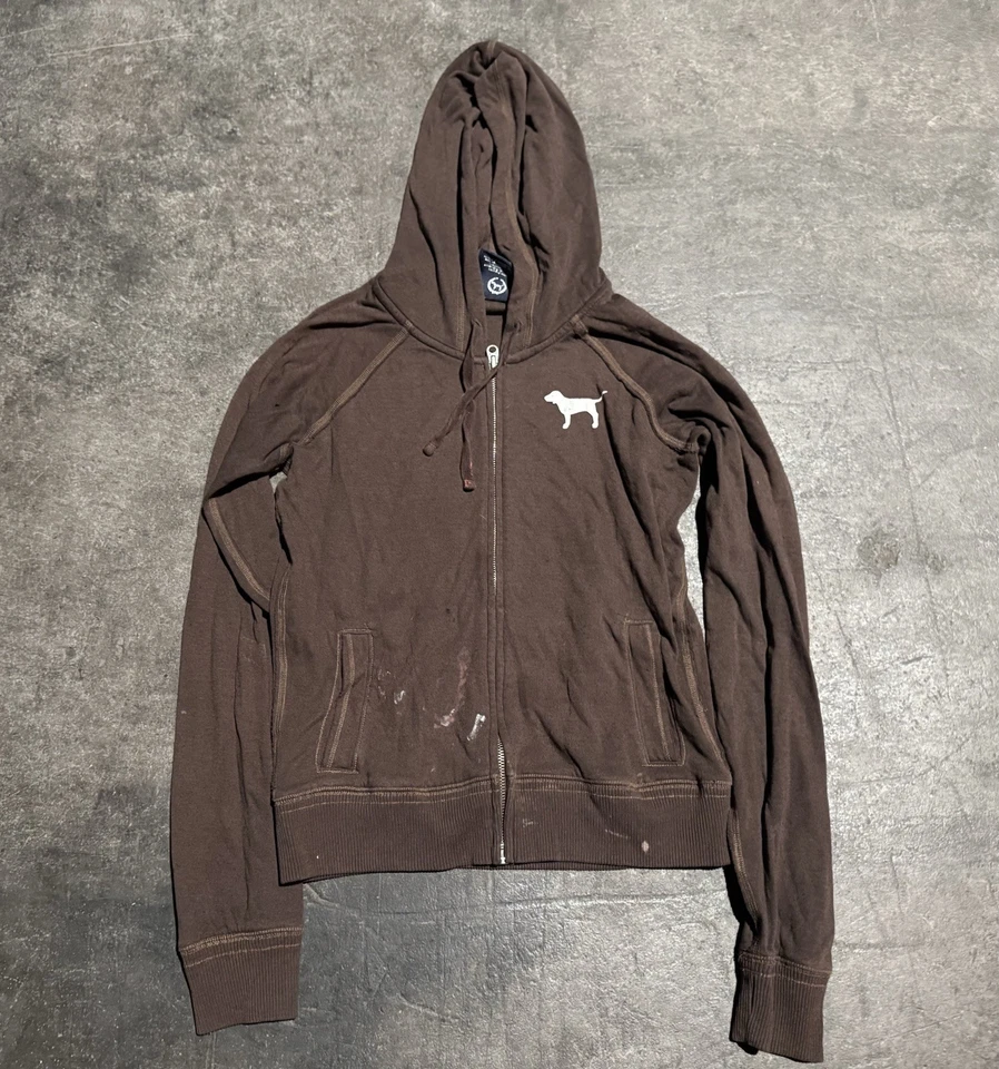 Vintage Y2K Victoria’s Secret PINK Brown Zip Up Hoodie Peace Sign Dog Medium  - Image 3 of 4
