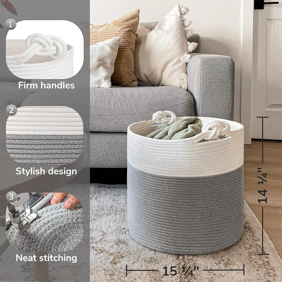 Cotton Rope Storage Basket, 15 X 14.2 Inches Baby Laundry Baskets for Clothes, T - Image 3 of 4