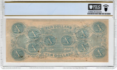 T-59 PF-16 1863 $10 Confederate Paper Money - PMG About Uncirculated 55 - CHOICE - Picture 2 of 2