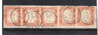 1857 ITALY SARDINIA SA#16Ab 40c STRIP OF 5 COVER FRAGMENT $5900.00 CERTIFICATE