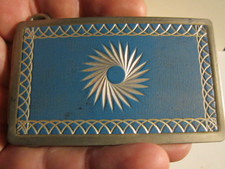 VINTAGE ABSTRACT BELT BUCKLE BLUE LEATHER WITH SILVER ABSTRACT LINES - GW-26