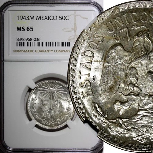 MEXICO ESTADOS UNIDOS MEXICANOS Silver 1943 M 50 Centavos NGC MS65 KM# 447 (036)