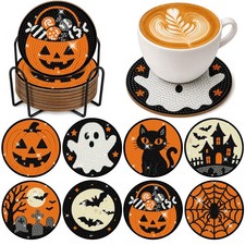 8 Pcs Halloween Diamond Art Coasters with Holder Ghost Pumpkin Craft Kit Ha...