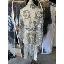 Vintage Metallic Rose Lace Shawl Fringe Wrap Scarf Boho Gothic Festival