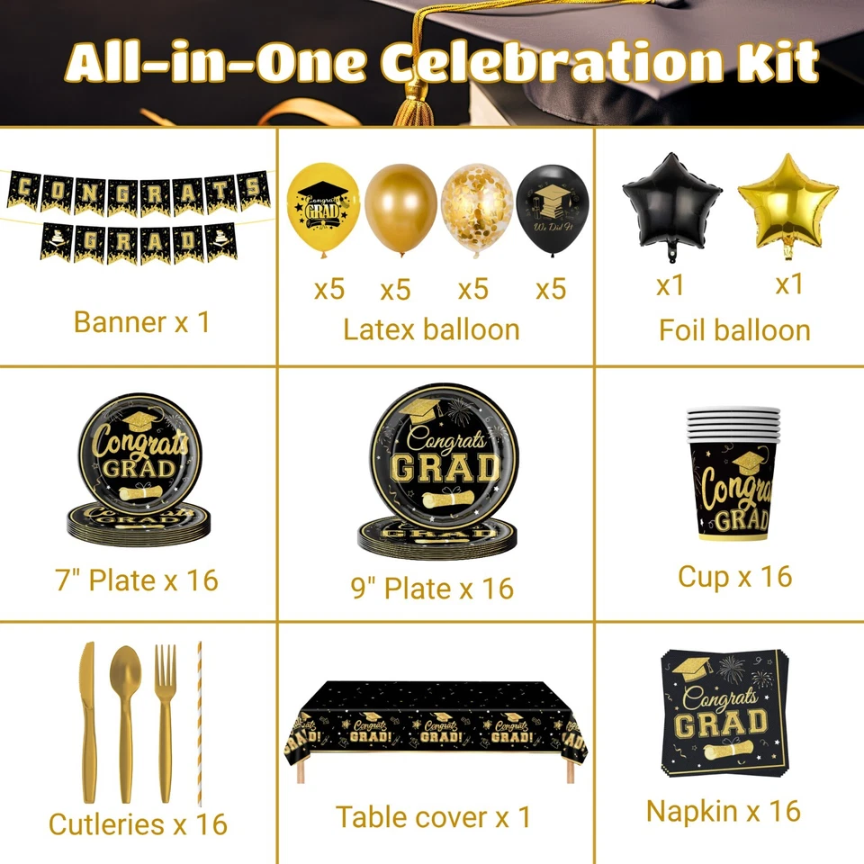 Juego de 152 piezas decoraciones de graduación 2025 temáticas doradas y negras Foto 2 de 4