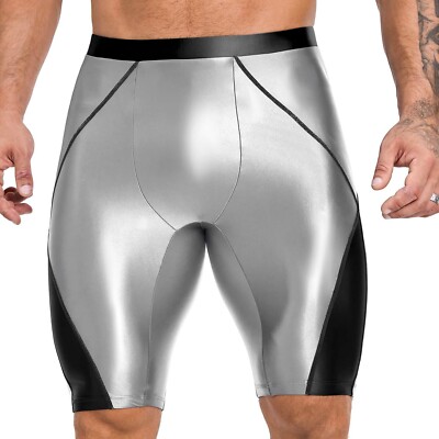 AMORESY Men's Shorts Oil Shiny Glossy Sports Leggings Stretch Fitness Wrestling
