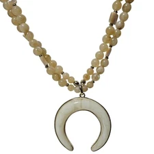 Chicos Beaded Crescent Pendant Statement Necklace Gold Tone Moon Charm Jewelry