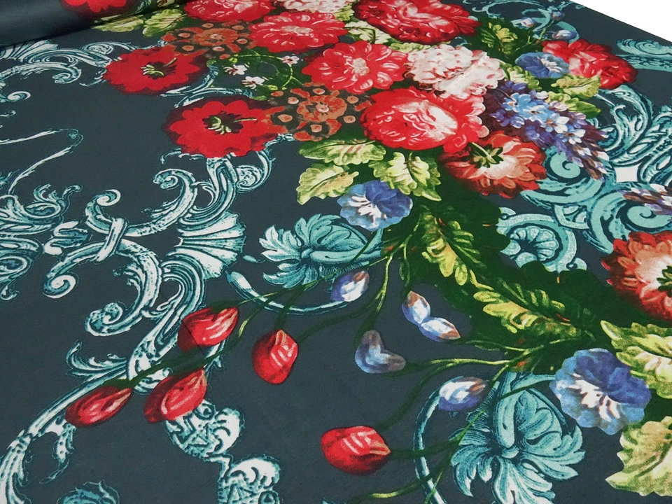 ☻ Stoff Ital. Designer Jersey Blumen Borden Druck dunkelgrün petrol bunt ☻ - Bild 2 von 4