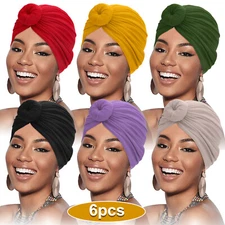 6pcs Women African Turban Flower Knot Headwraps Pre Tied Bonnet Beanie Headwrap