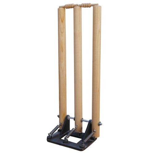 Wooden Cricket Wickets Stumps & Bails Return Spring Back Metal Base