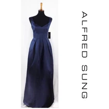 NEW ALFRED SUNG Navy Blue Midnight D747 Sateen Twill Sleeveless A-Line Gown 2 US
