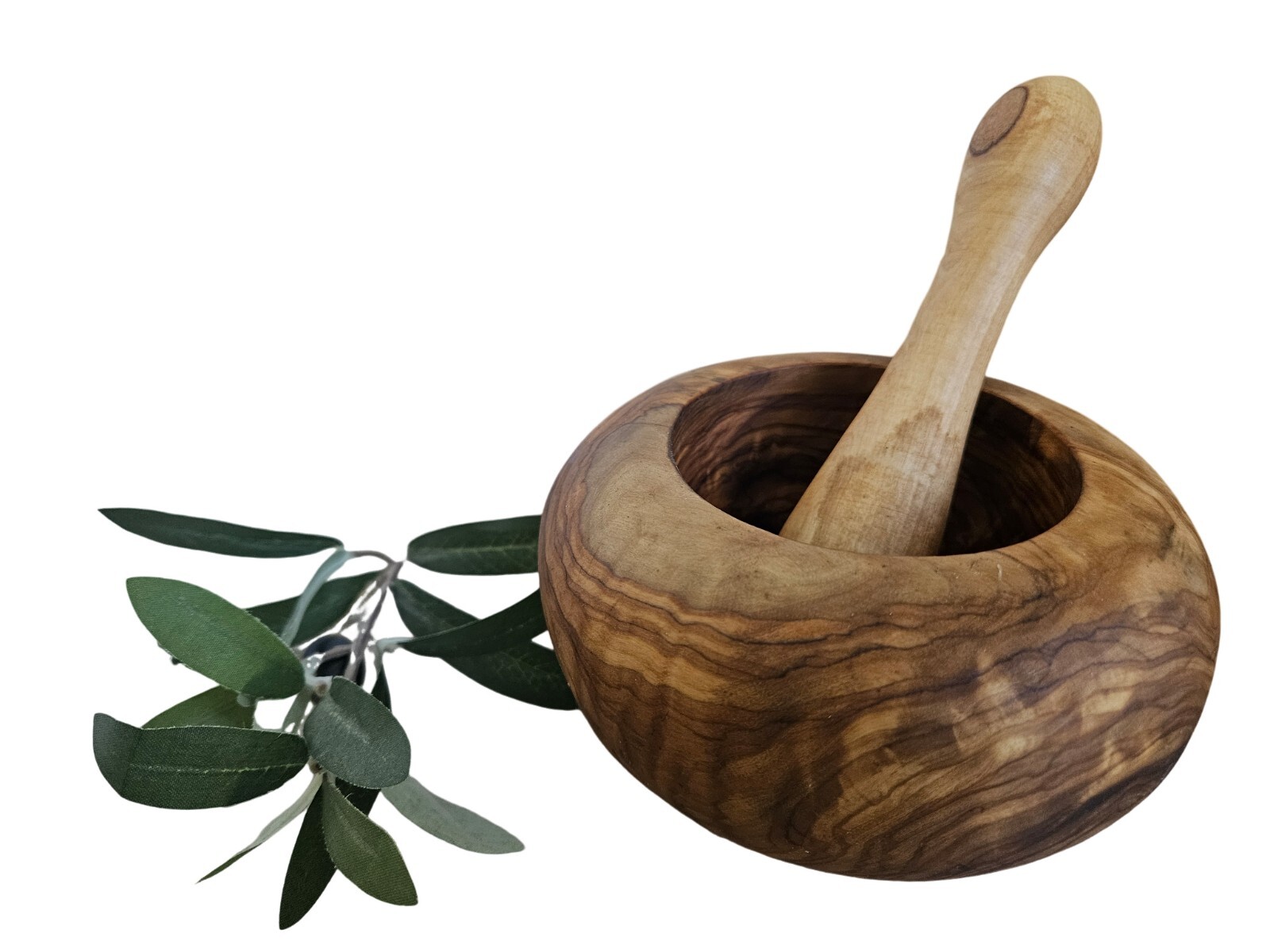 Mortier artisanal 13 cm en bois d'olivier massif et son pilon ergonomique